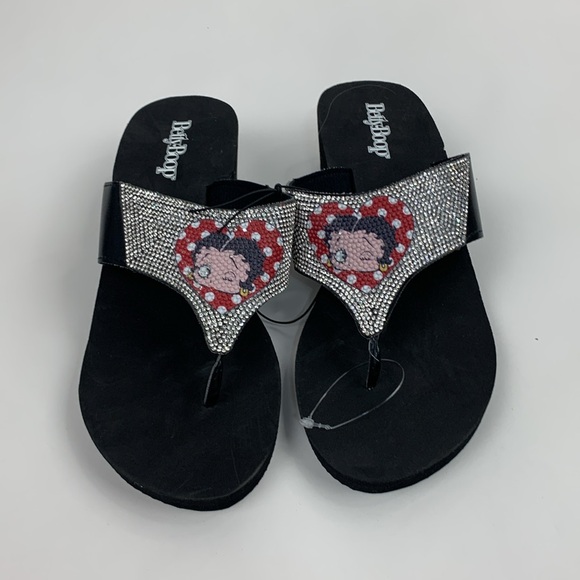 Betty Boop Sparkle rhinestone Wedge sandals Flip flop style Size 9 Red black NWT - Picture 4 of 15